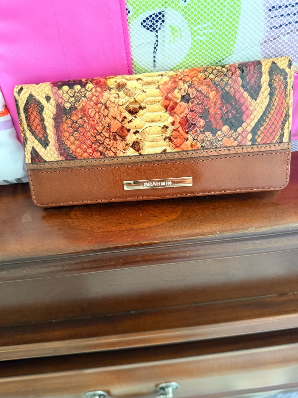Brahmin Brown Leather Continental Wallet with Multicolor Snake-Print Flap